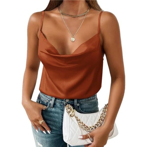 Satin Cowl Neck Camisole – Adjustable Spaghetti Straps, Sleeveless Silk Tank Top - Picture 1 of 4